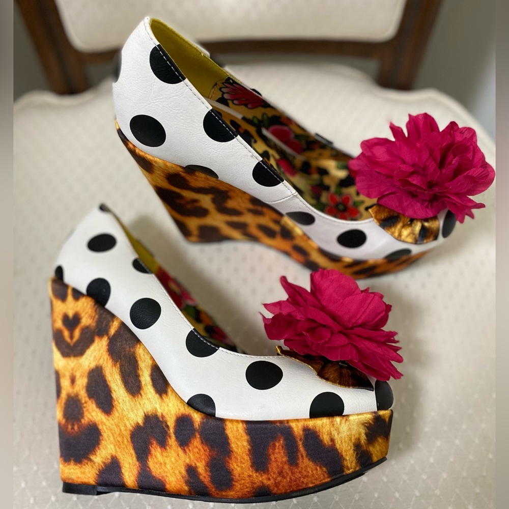 Iron Fist White and Black Polka Dot Leopard Wedge Pumps with Pink Flower